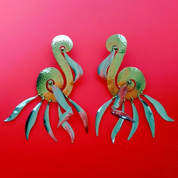 70s-80s Abstract Bird Earrings Handmade of Brass & Nickel Silver - Pierced 4.5"L - Picture 2 of 6
